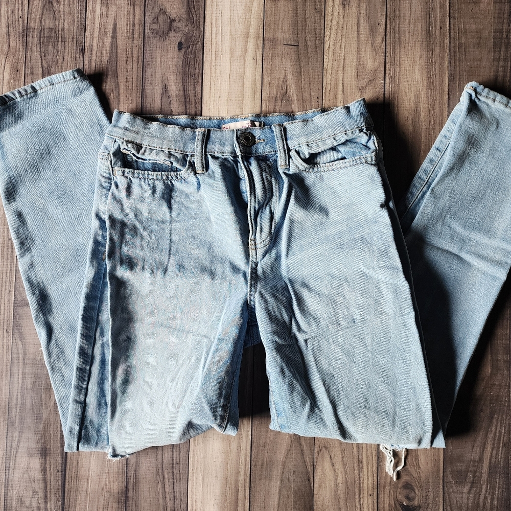 SO distressed high rise mom jean